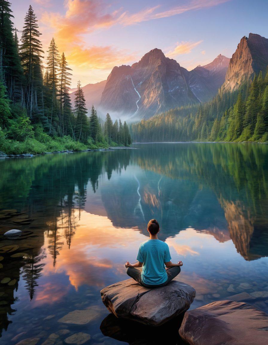 A serene landscape featuring a tranquil lake surrounded by lush green forests and mountains in the distance, with a gentle sunrise illuminating the scene. In the foreground, a person sitting cross-legged on a rock, meditating, radiating calmness. Soft, warm colors create an inviting atmosphere, symbolizing emotional wellness and fulfillment. surreal, vibrant colors, calm and peaceful ambiance.