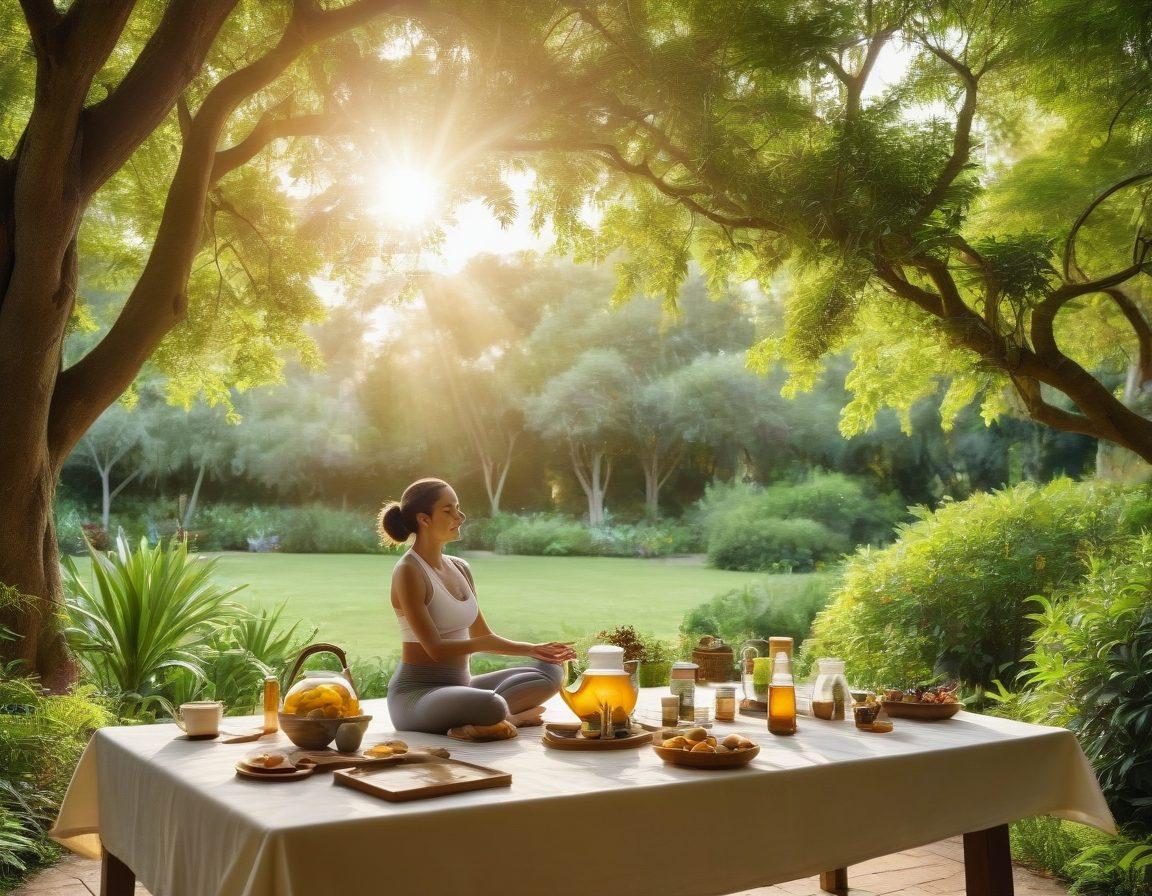 A serene scene depicting a diverse group of people engaging in various wellness activities such as yoga, meditation, and gardening in a lush green park. Sunlight filters through the trees, casting a warm glow on smiling faces as they enjoy nature's beauty. Incorporate elements of holistic wellness like herbal tea, essential oils, and organic food. Emphasize tranquility and joy in a harmonious setting. vibrant colors. super-realistic.