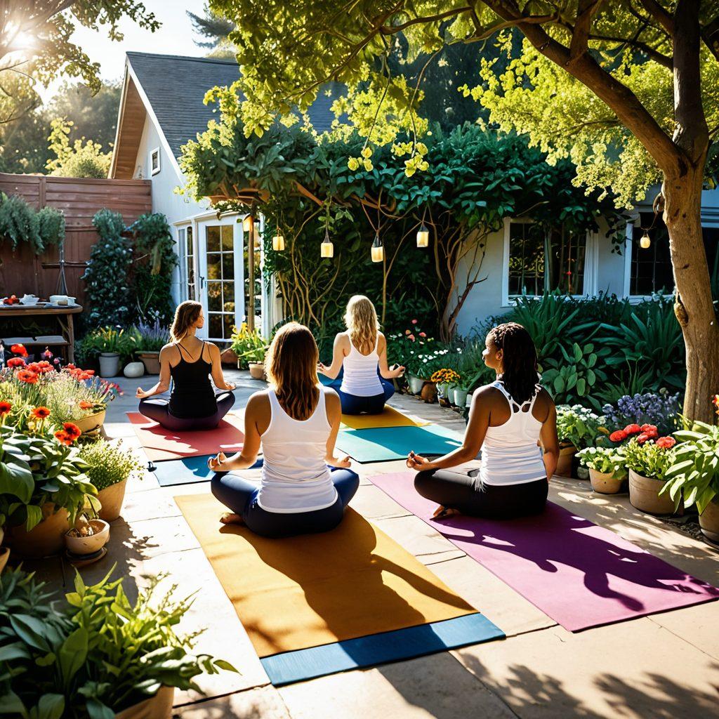 A serene scene depicting a diverse group of happy individuals engaging in various healthful routines, such as yoga, cooking, and gardening, all surrounded by lush greenery and vibrant flowers. Bright sunlight filters through the trees, creating a warm and inviting atmosphere. Include elements of mindfulness and community, like shared meals and laughter. Emphasize vibrant colors to evoke a sense of joy and vitality. super-realistic. vibrant colors. natural light.